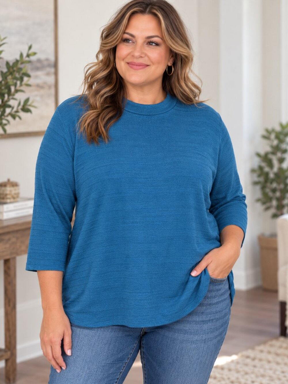 Lane Bryant Teal Blue Long Sleeve Textured Tunic Top Minimalist Plus Size 18/20